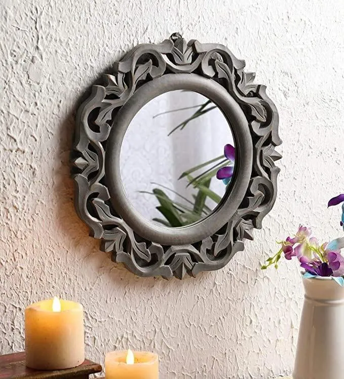Decorative & Hand Crafted Wooden Mirror in Rich Gold Finish ( 14”x14 x1), Round, Wall mounting, Framed