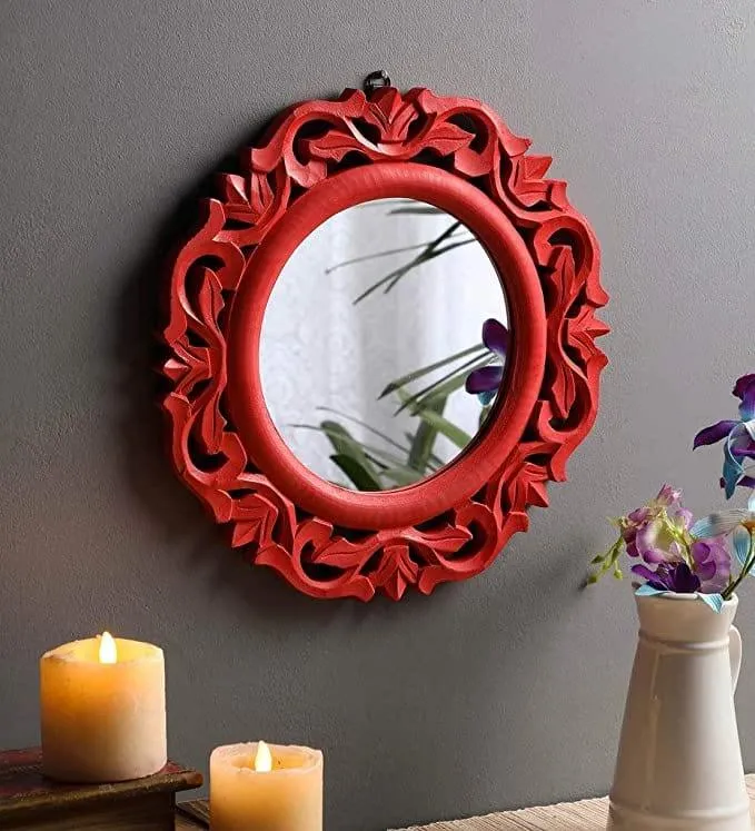 Decorative & Hand Crafted Wooden Mirror in Rich Gold Finish ( 14”x14 x1), Round, Wall mounting, Framed