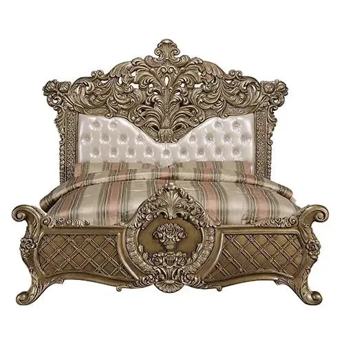 Demi King Bed, Faux Leather, Light Gold, Brown & Gold Finish