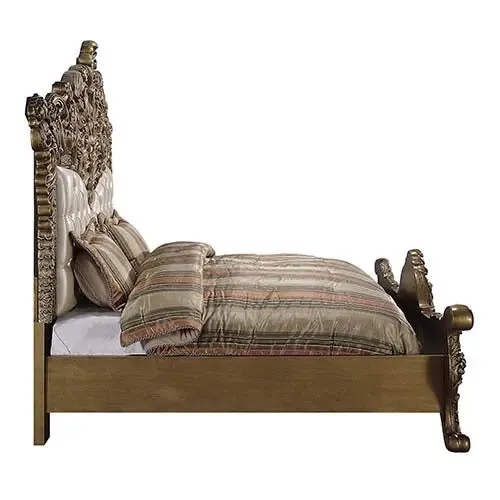 Demi King Bed, Faux Leather, Light Gold, Brown & Gold Finish