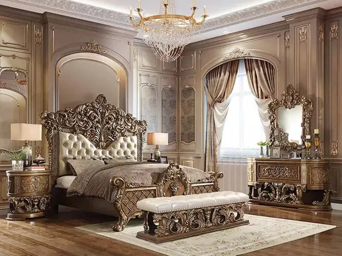 Demi King Bed, Faux Leather, Light Gold, Brown & Gold Finish
