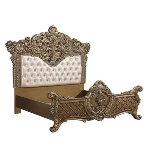 Demi King Bed, Faux Leather, Light Gold, Brown & Gold Finish