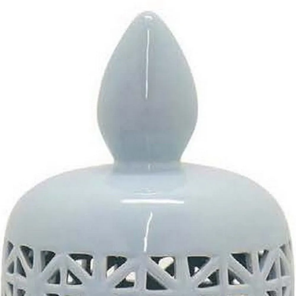 Deni 20 Inch Temple Jar, Ceramic Blue White Floral Cut Out Design with Lid By Casagear Home
