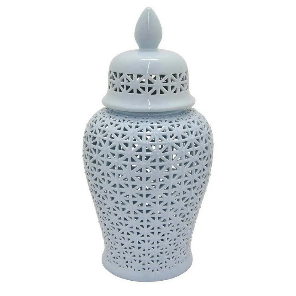 Deni 20 Inch Temple Jar, Ceramic Blue White Floral Cut Out Design with Lid By Casagear Home