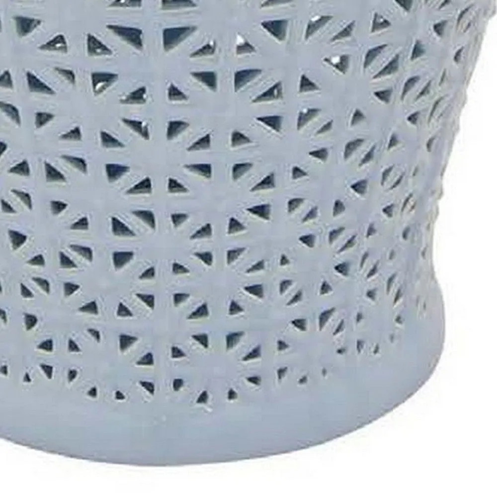 Deni 20 Inch Temple Jar, Ceramic Blue White Floral Cut Out Design with Lid By Casagear Home