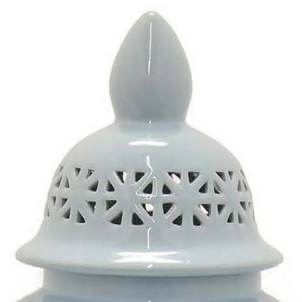 Deni 26 Inch Temple Jar, Ceramic Blue White Floral Cut Out Design with Lid By Casagear Home