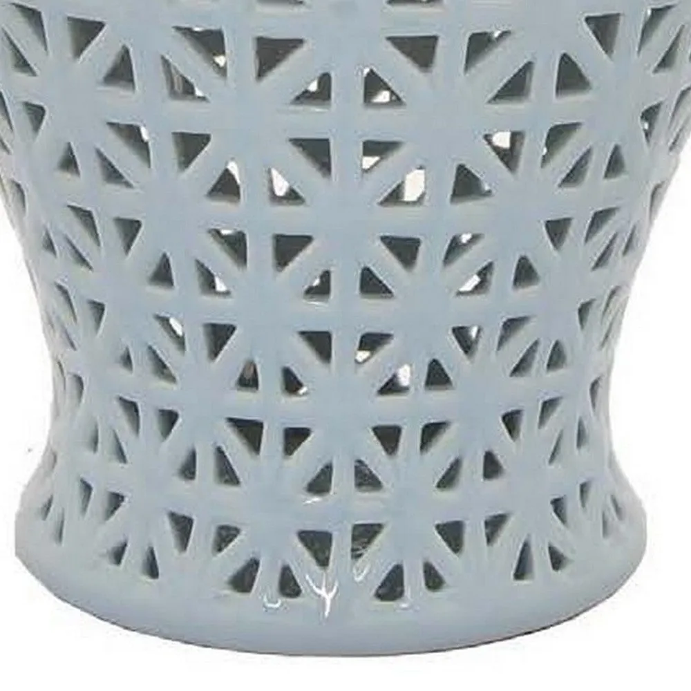 Deni 26 Inch Temple Jar, Ceramic Blue White Floral Cut Out Design with Lid By Casagear Home
