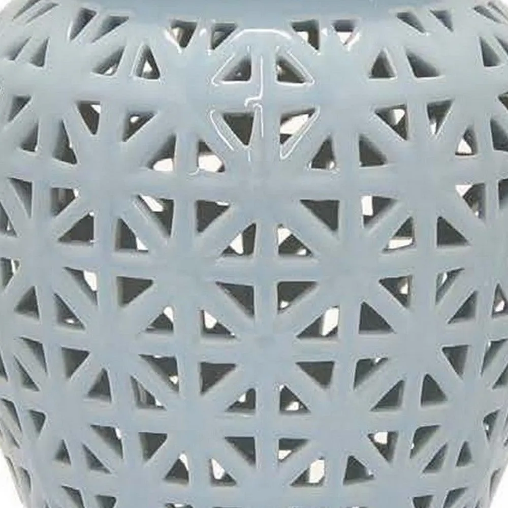 Deni 26 Inch Temple Jar, Ceramic Blue White Floral Cut Out Design with Lid By Casagear Home