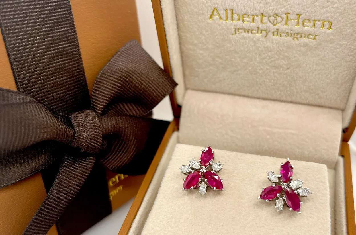 Earrings 18kt Gold Flowers Marquise Rubies & Diamonds