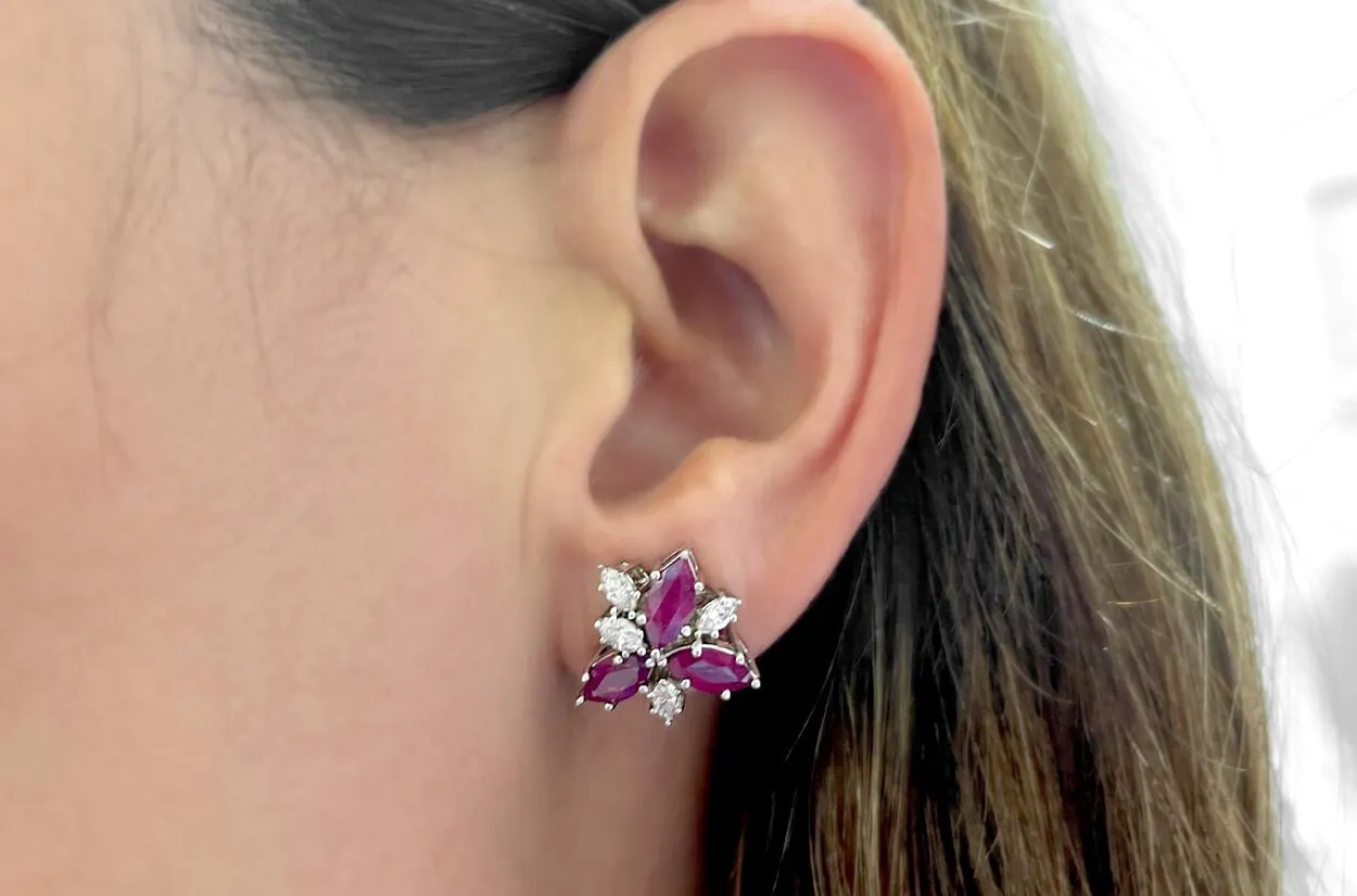 Earrings 18kt Gold Flowers Marquise Rubies & Diamonds