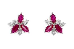 Earrings 18kt Gold Flowers Marquise Rubies & Diamonds
