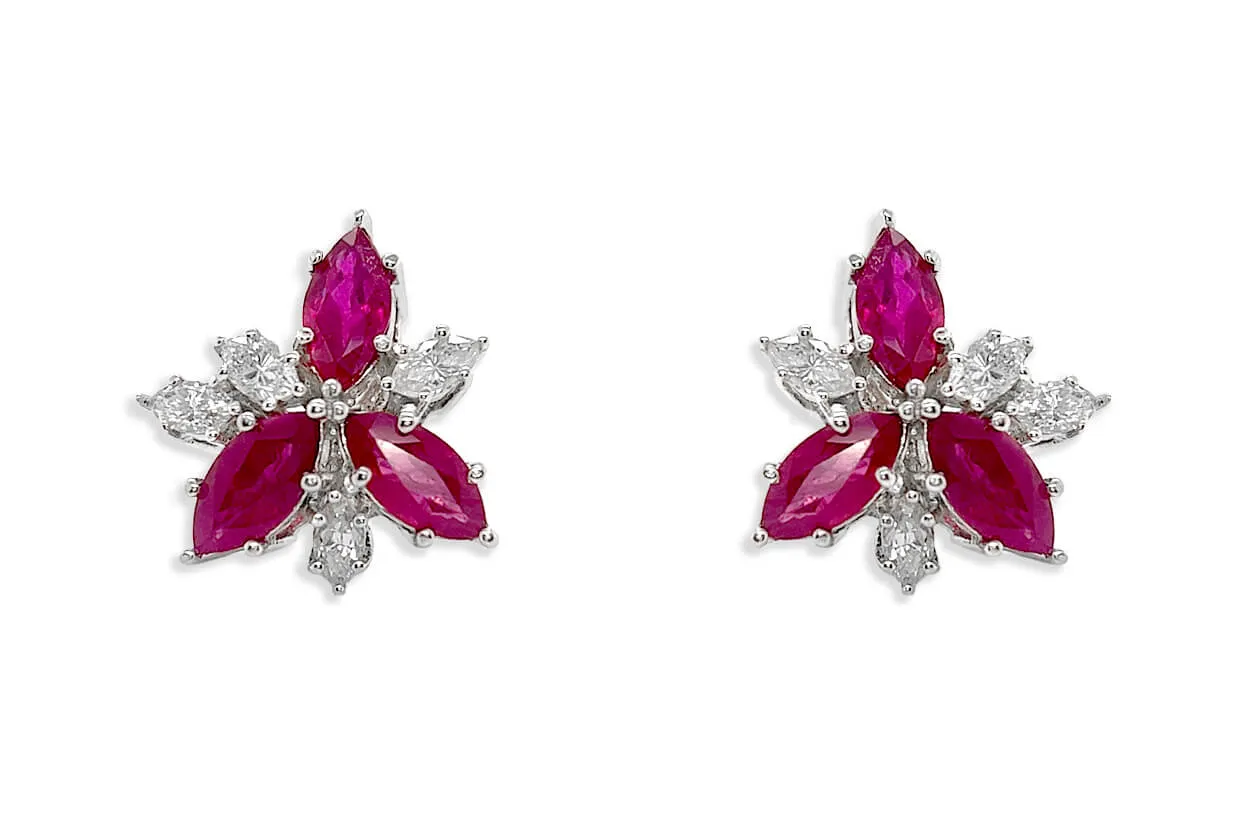 Earrings 18kt Gold Flowers Marquise Rubies & Diamonds