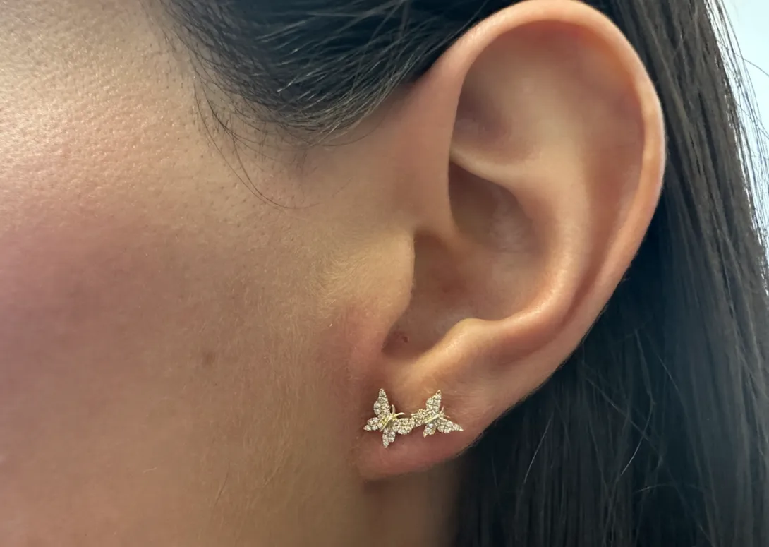 Earrings 18kt Yellow Gold Asymmetrical Butterflies & Diamonds