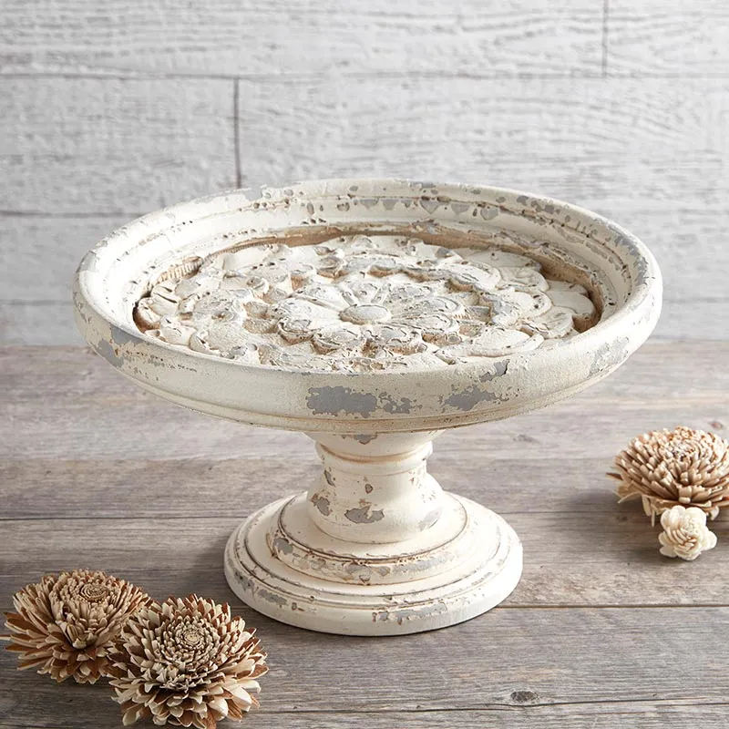 Floral Carved White Wood Pedestal