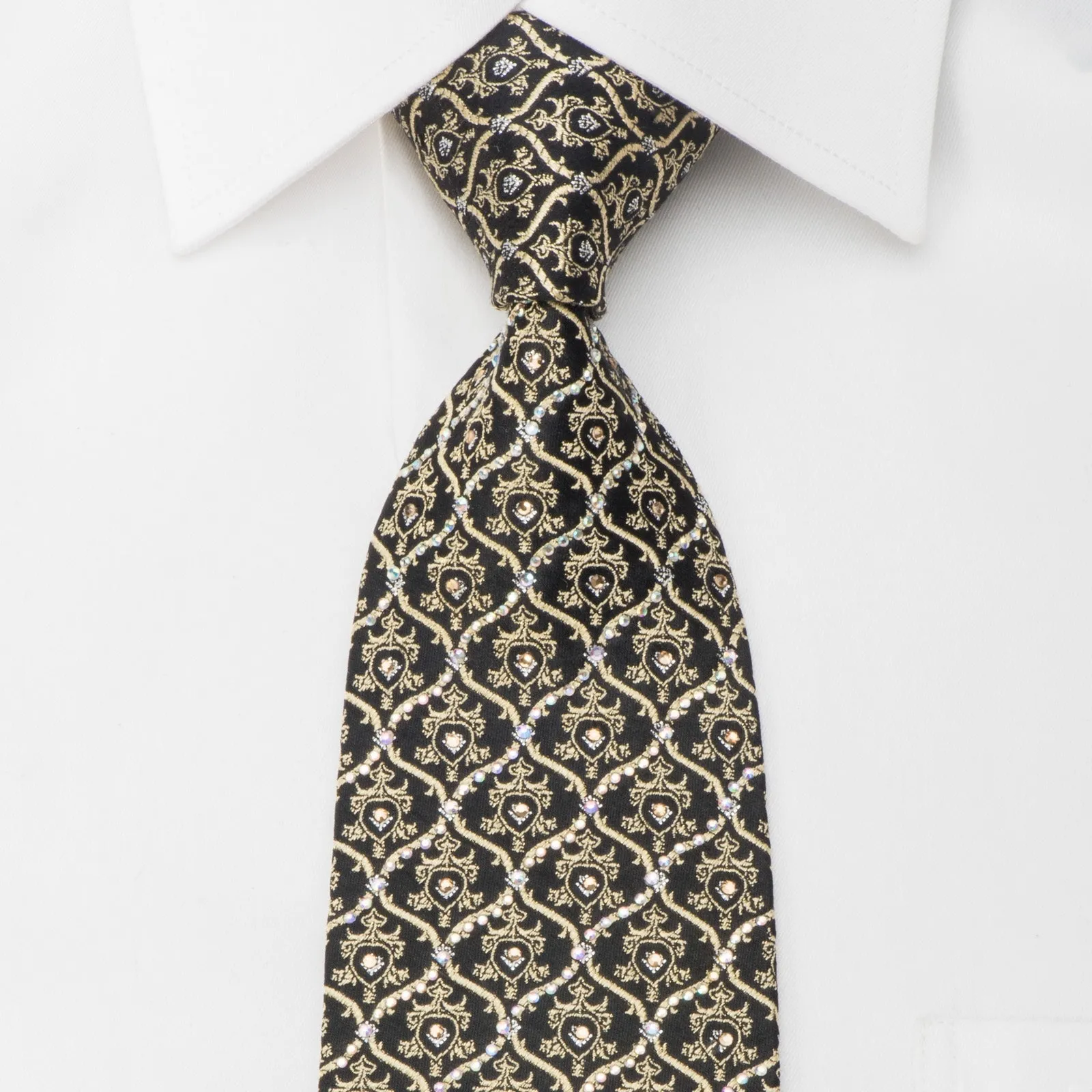 Golden Cartouche On Black Rhinestone Silk Tie With Gold Sparkles