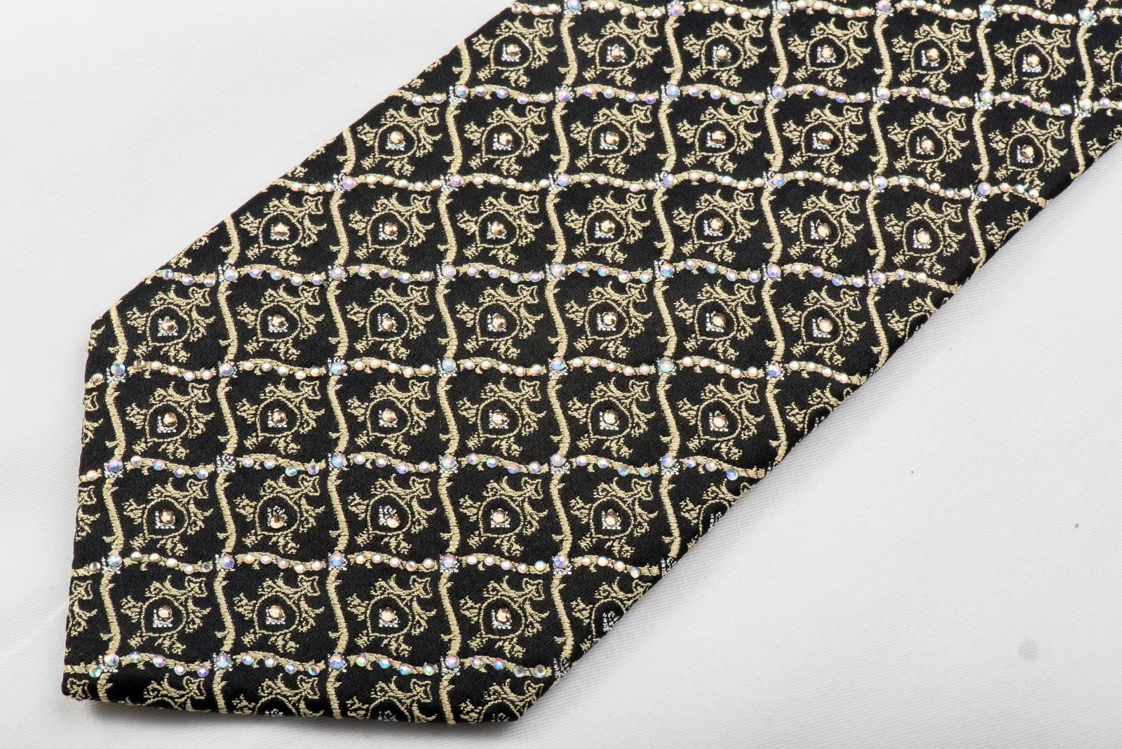 Golden Cartouche On Black Rhinestone Silk Tie With Gold Sparkles