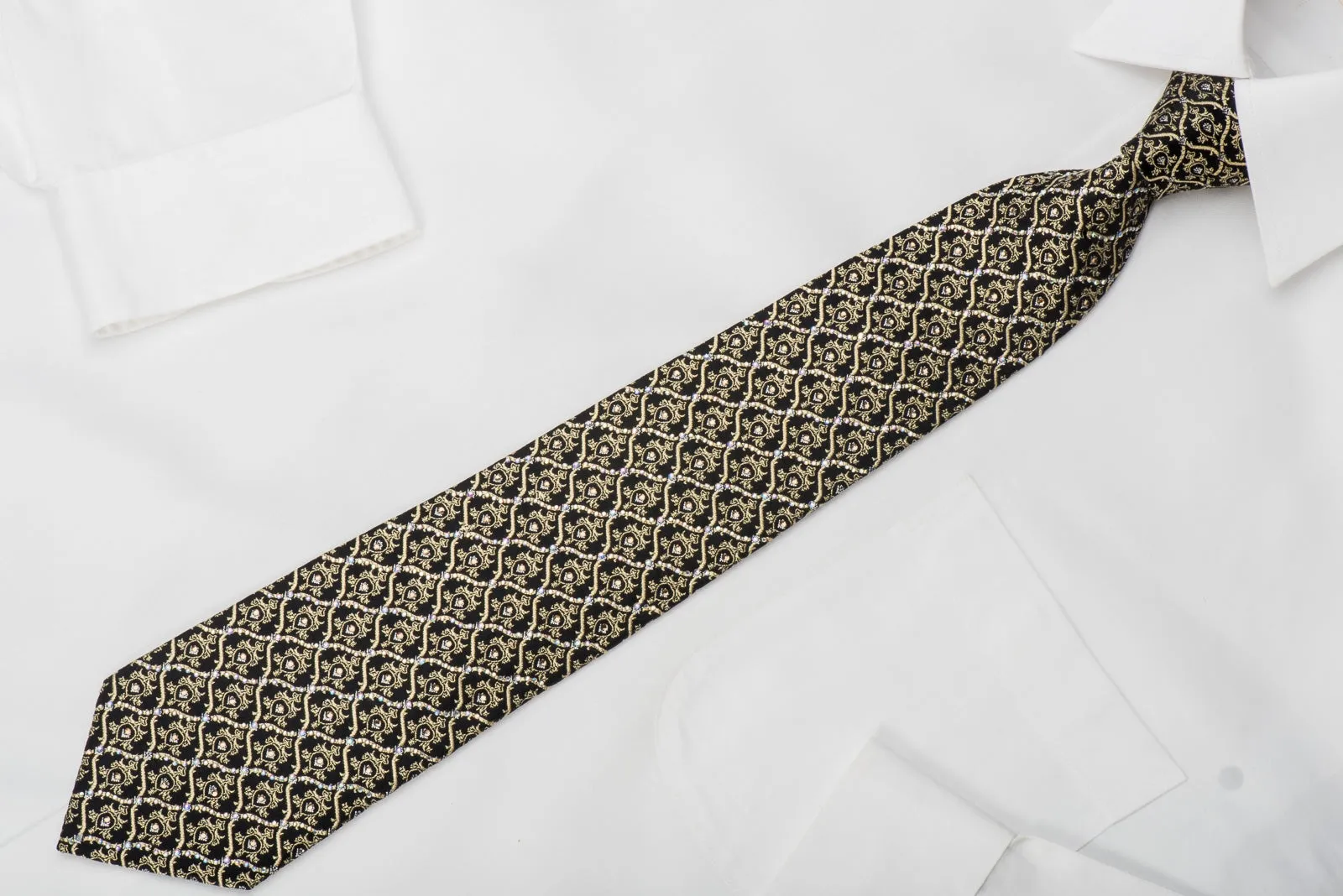 Golden Cartouche On Black Rhinestone Silk Tie With Gold Sparkles