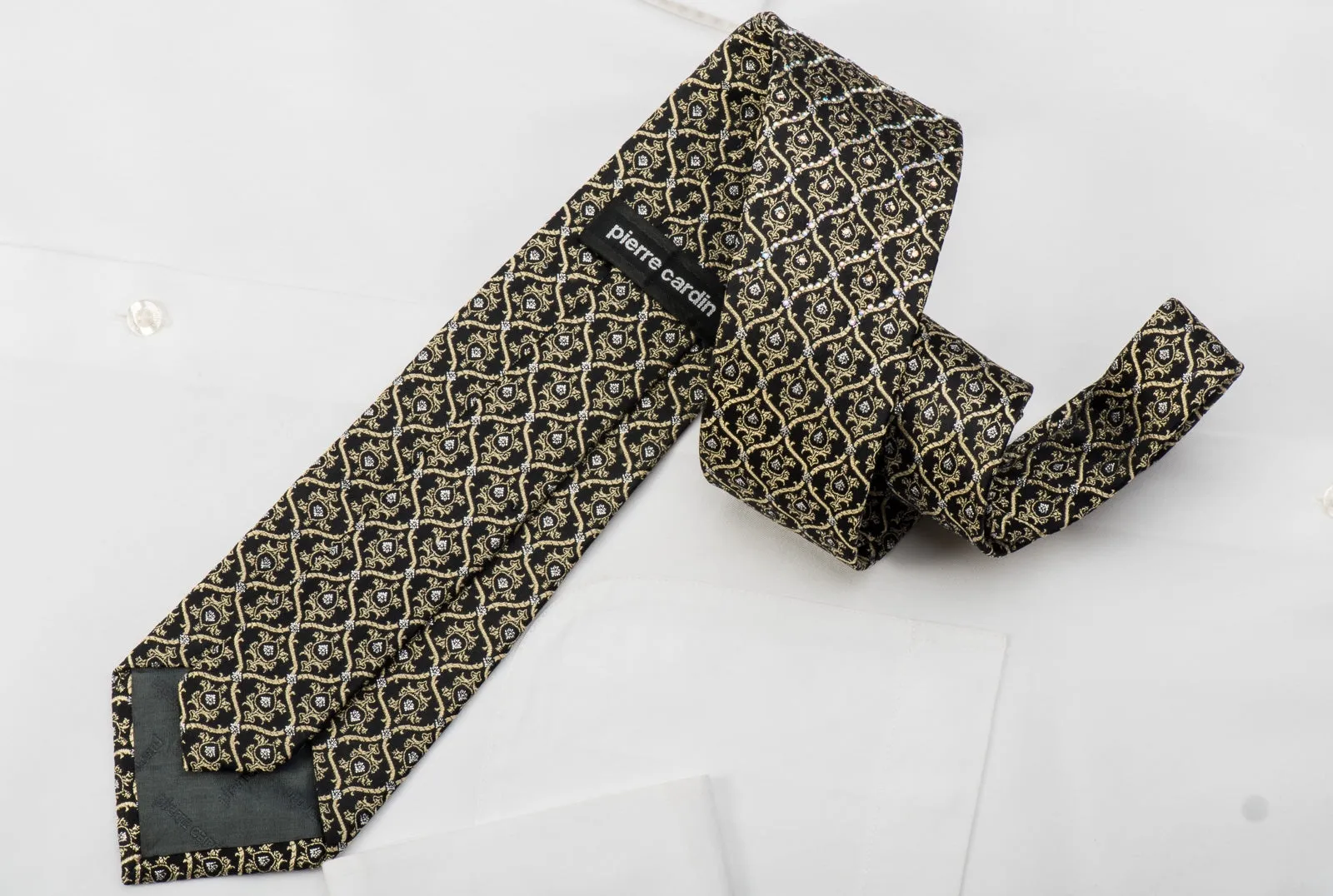 Golden Cartouche On Black Rhinestone Silk Tie With Gold Sparkles