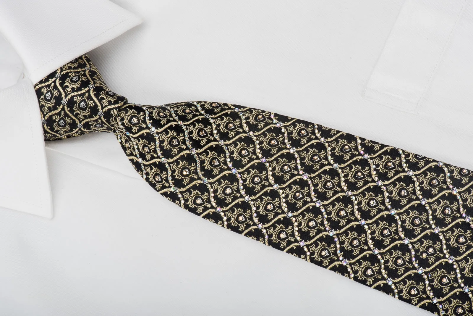 Golden Cartouche On Black Rhinestone Silk Tie With Gold Sparkles