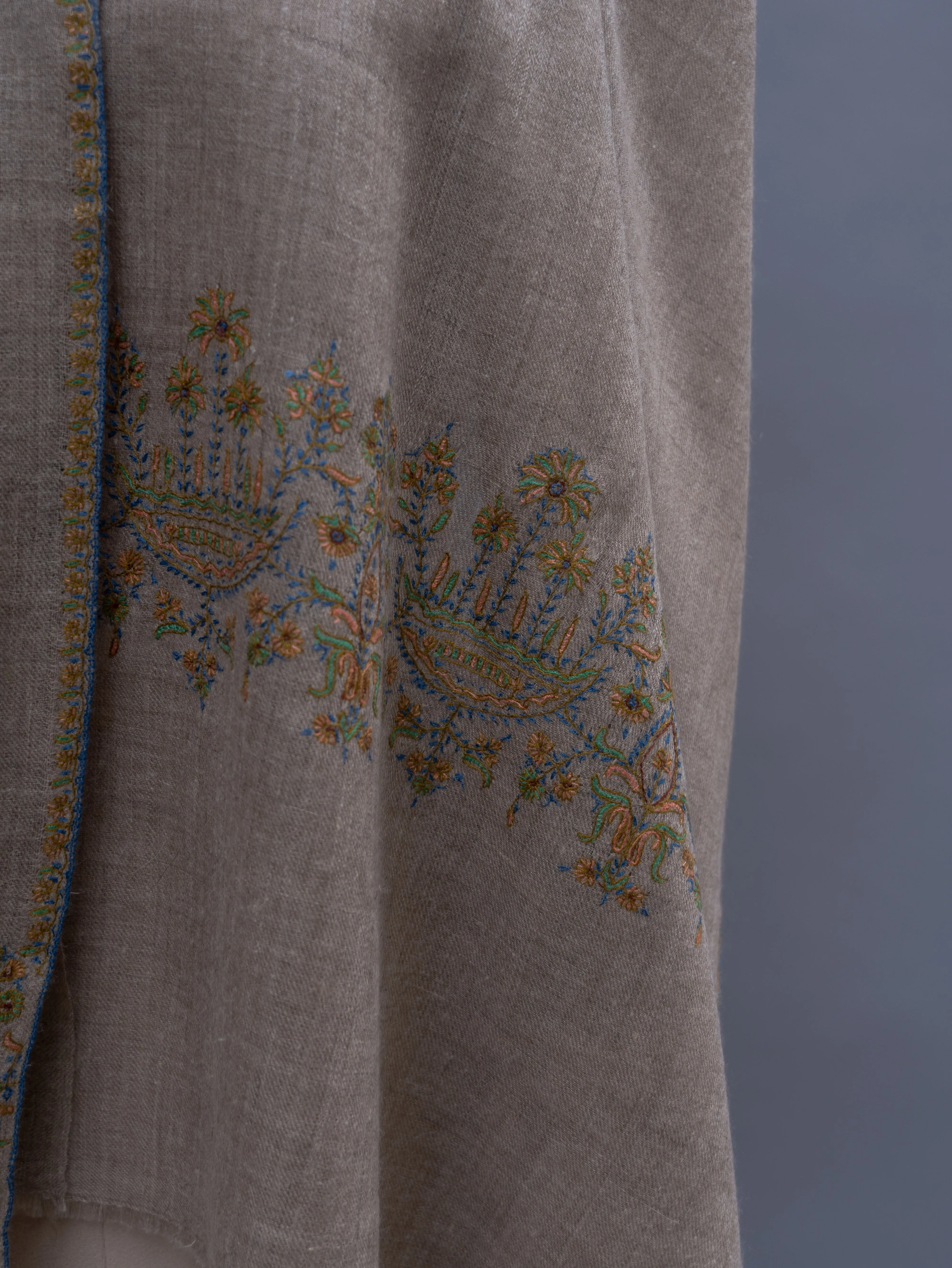 Grey Thin Cashmere Wrap with Sozni Embroidery