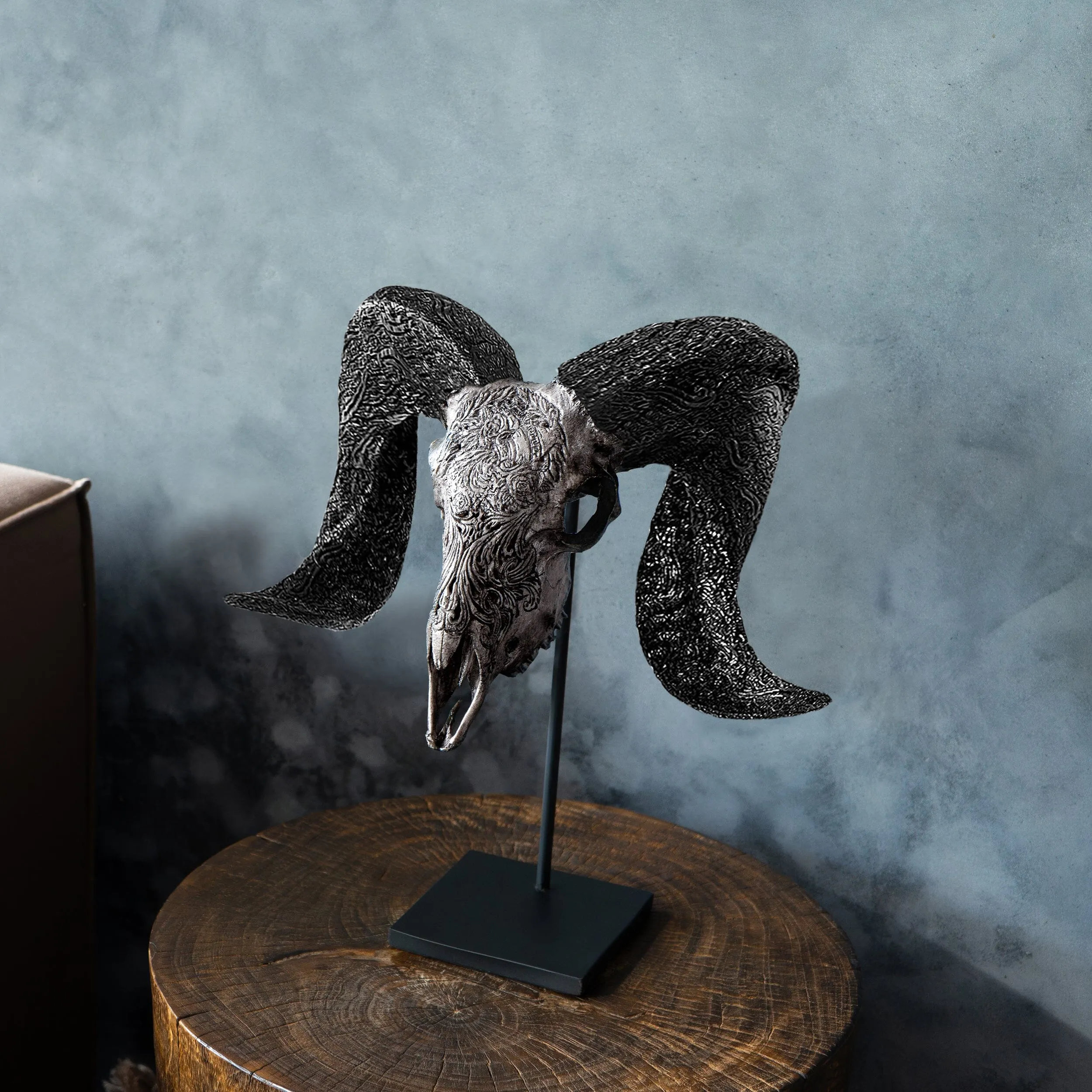 Hand Carved Ram Skull - Gray Aquarius