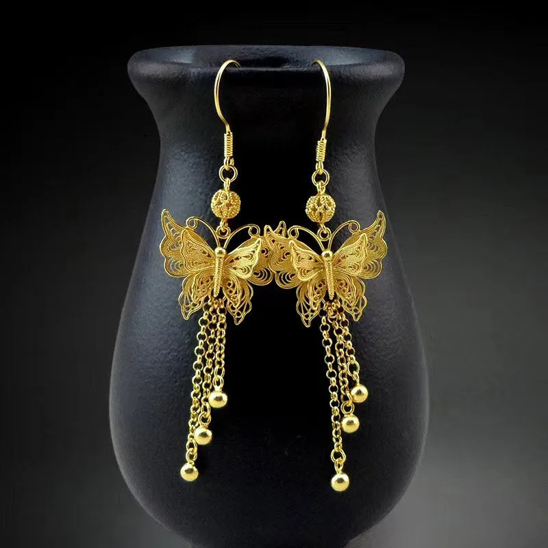 Handcrafted Vintage 999 Sterling Silver Double Butterfly Tassel Filigree Earrings