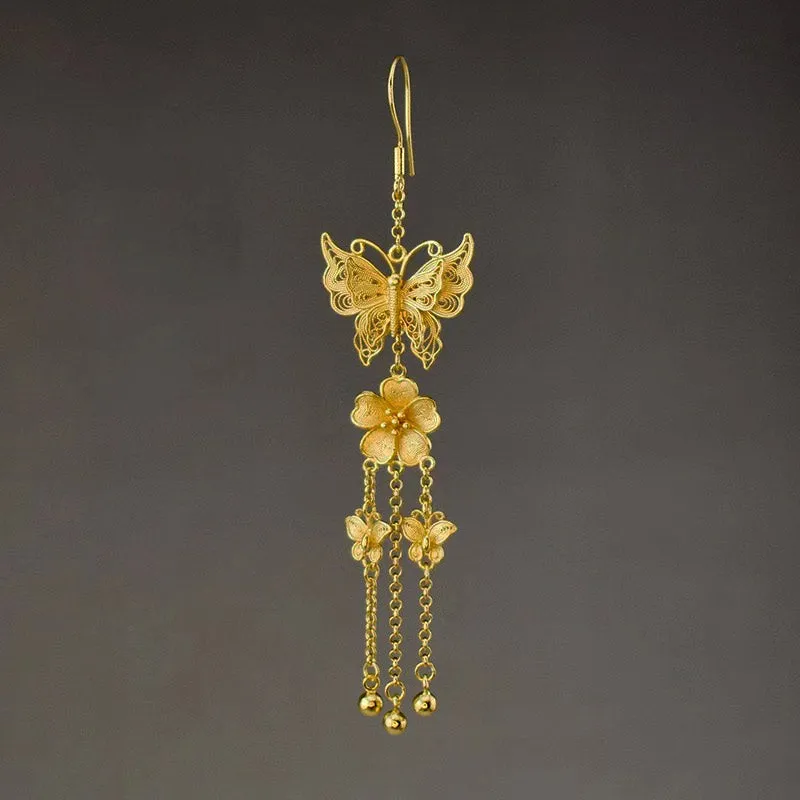 Handcrafted Vintage 999 Sterling Silver Double Butterfly Tassel Filigree Earrings