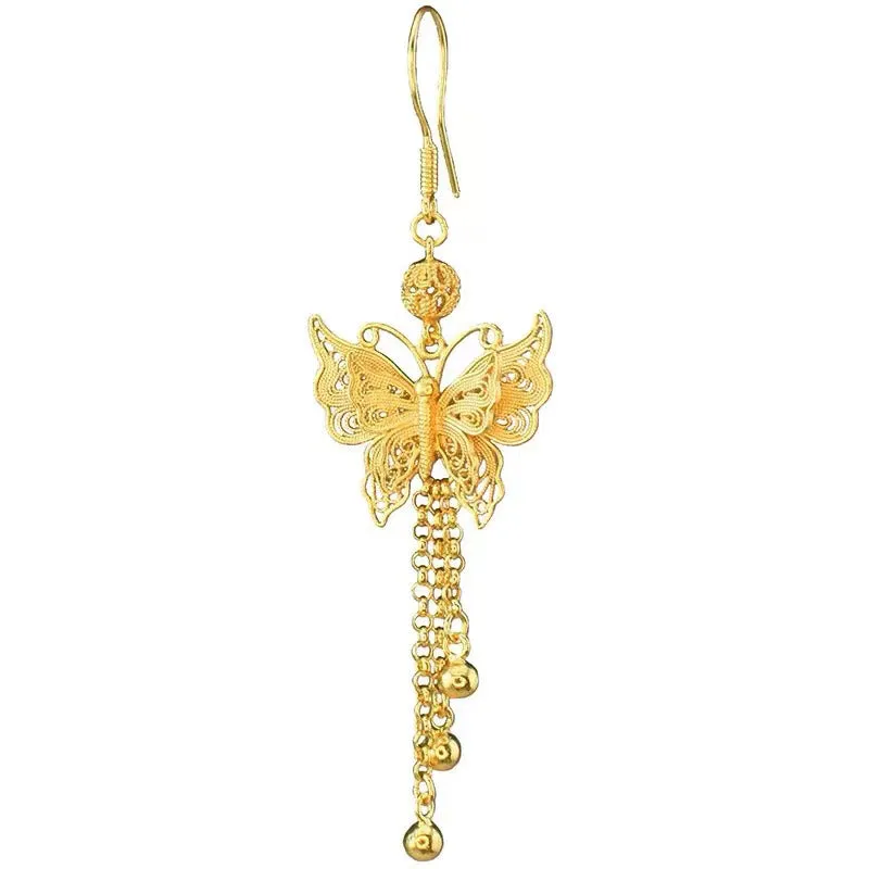 Handcrafted Vintage 999 Sterling Silver Double Butterfly Tassel Filigree Earrings