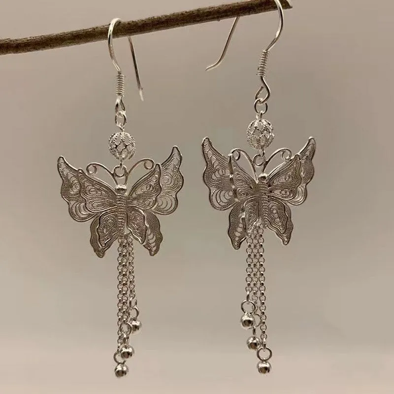 Handcrafted Vintage 999 Sterling Silver Double Butterfly Tassel Filigree Earrings