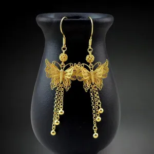 Handcrafted Vintage 999 Sterling Silver Double Butterfly Tassel Filigree Earrings