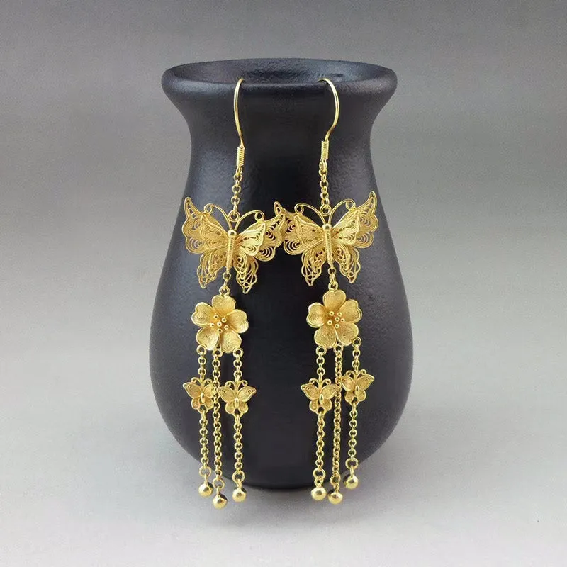 Handcrafted Vintage 999 Sterling Silver Double Butterfly Tassel Filigree Earrings
