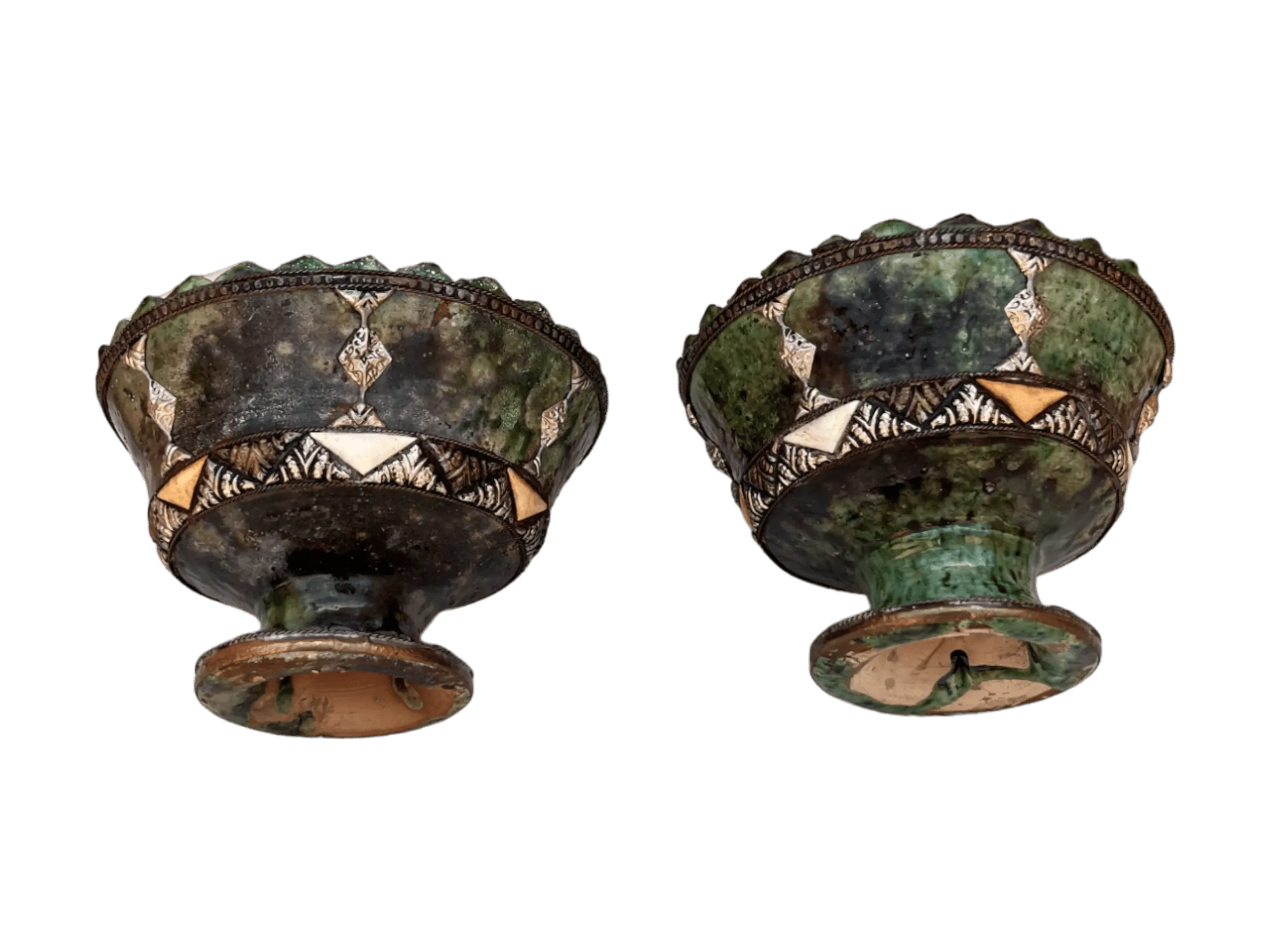 Handmade Antique Decorative Fruit Bowl, Bowl Green Glazed Pottery, Decorated with carved silver-plated copper and camel bones, Moroccan pottery