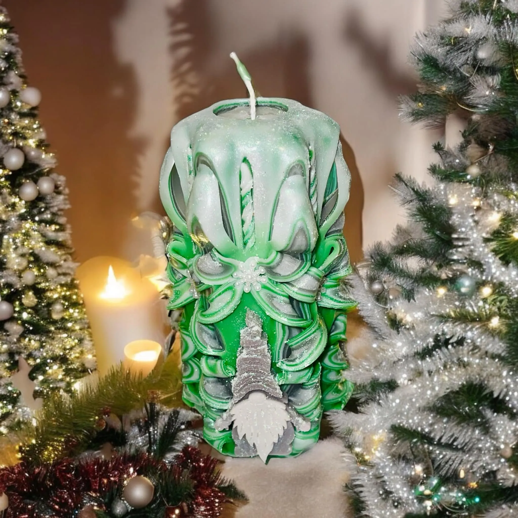 Handmade Carved Candle - Christmas Gonk Design