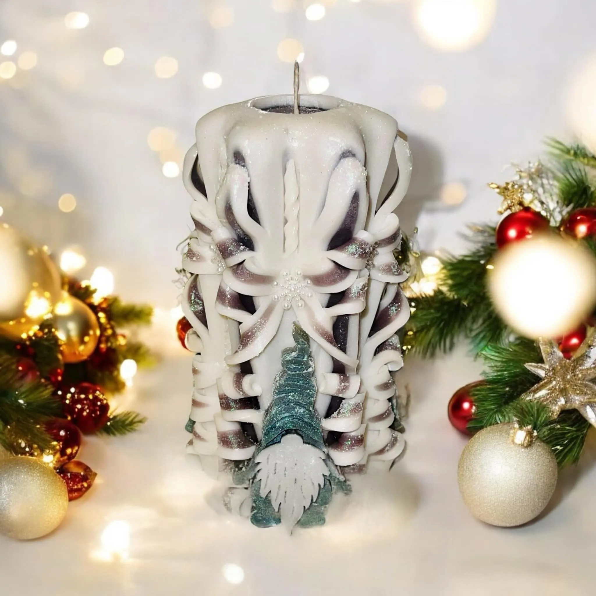 Handmade Carved Candle - Christmas Gonk Design