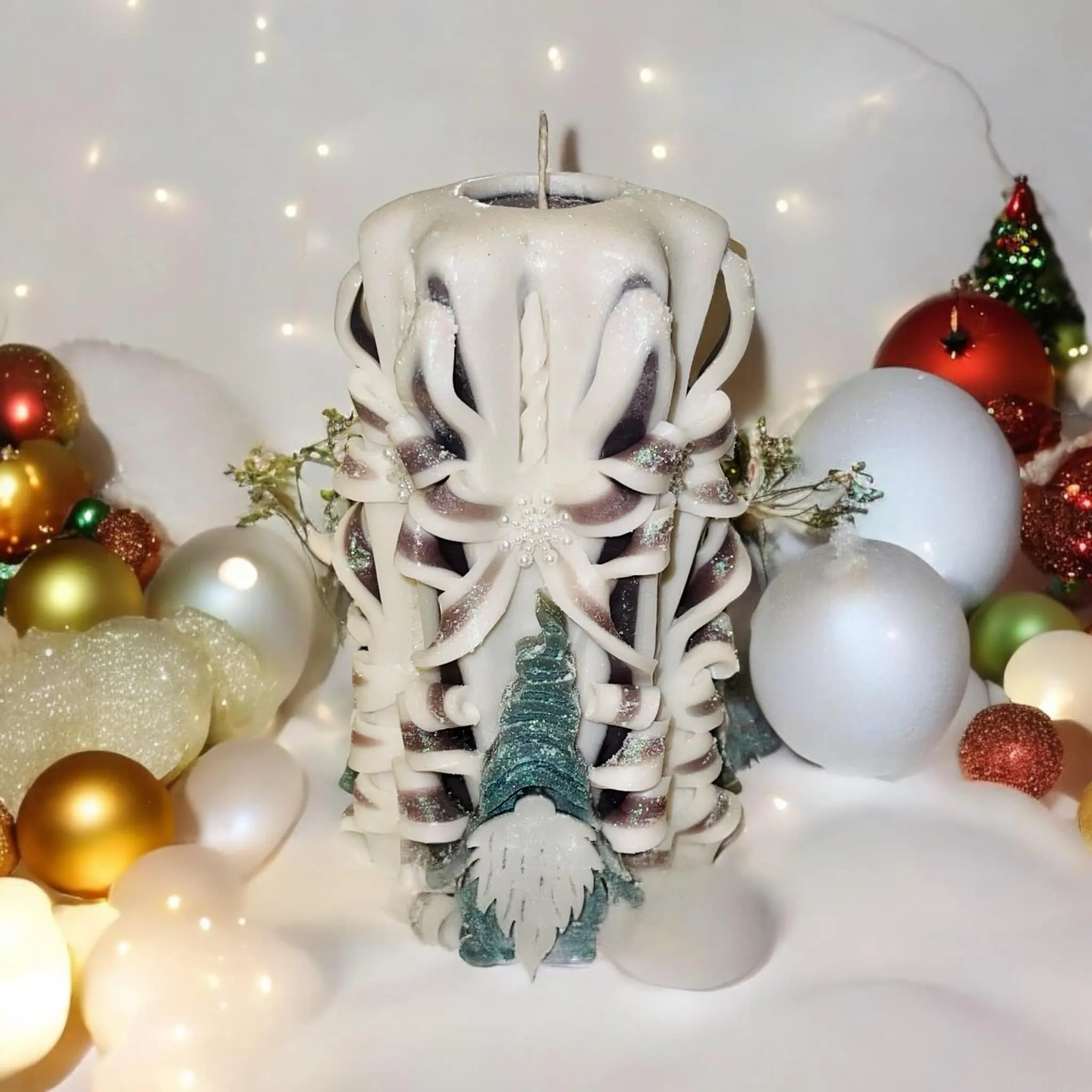 Handmade Carved Candle - Christmas Gonk Design