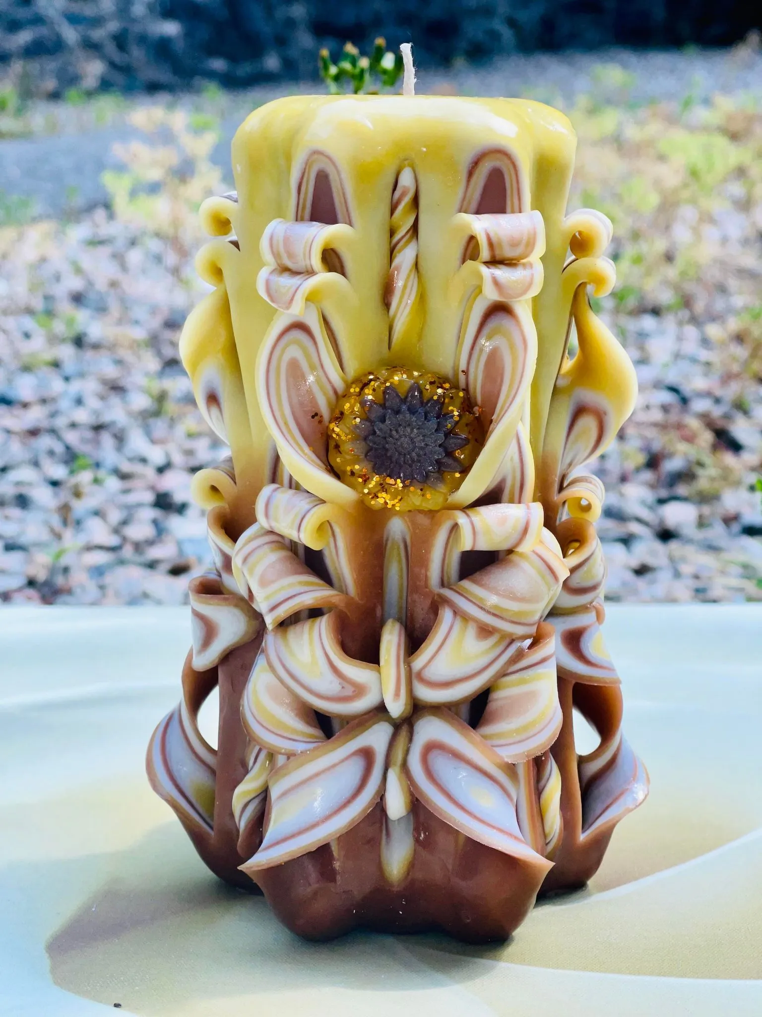Handmade Carved Candle -Sunflower Design