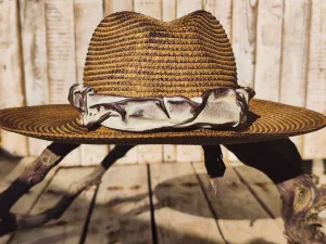 Handmade Straw Hat with Intricately Carved Leather Band - 3D Textured - Custom Paint - Beige  Brown - Unique  Stylish - Limited Edition