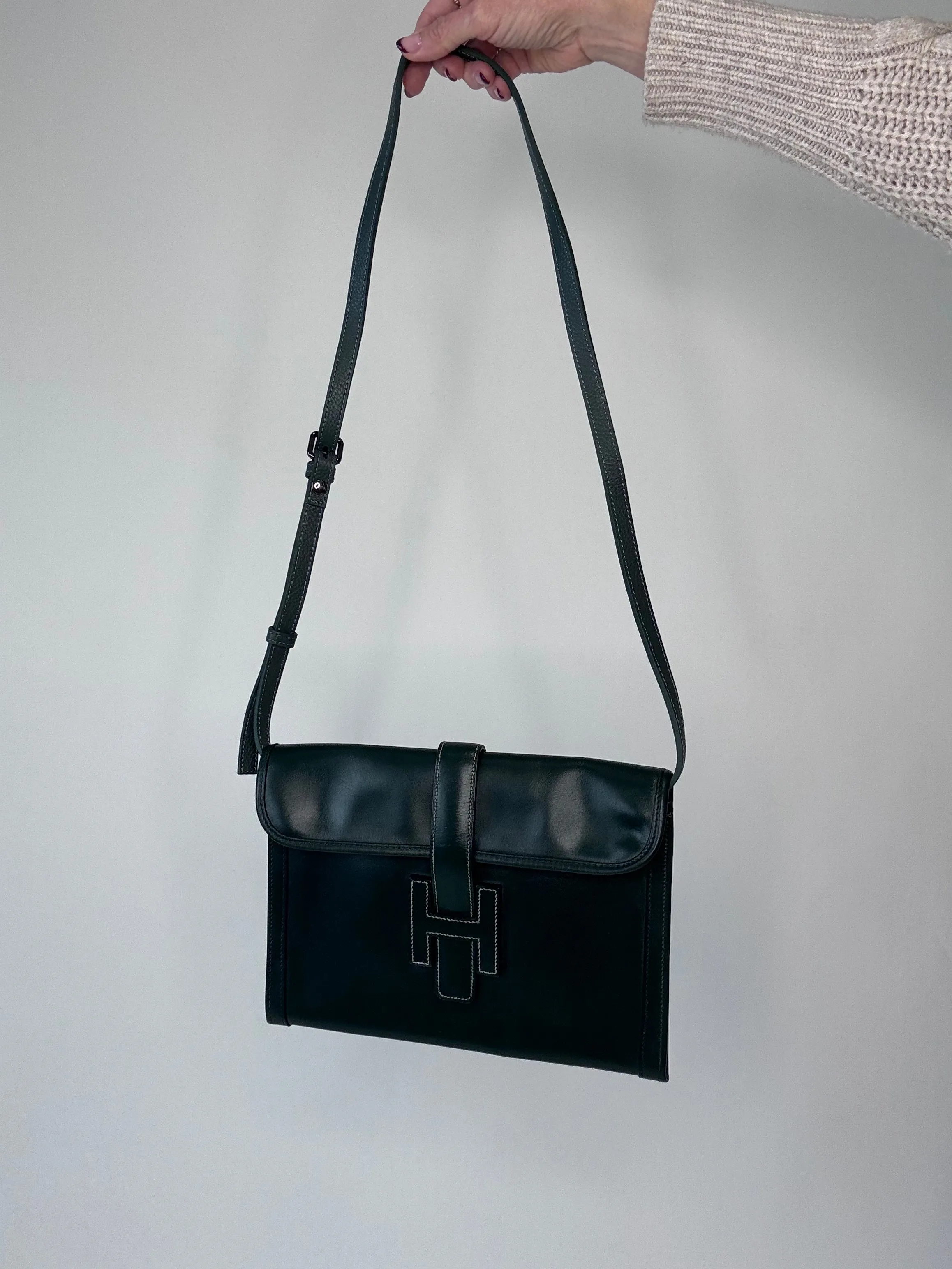 Hermes Jige PM Clutch Bag Dark Green Box Calf