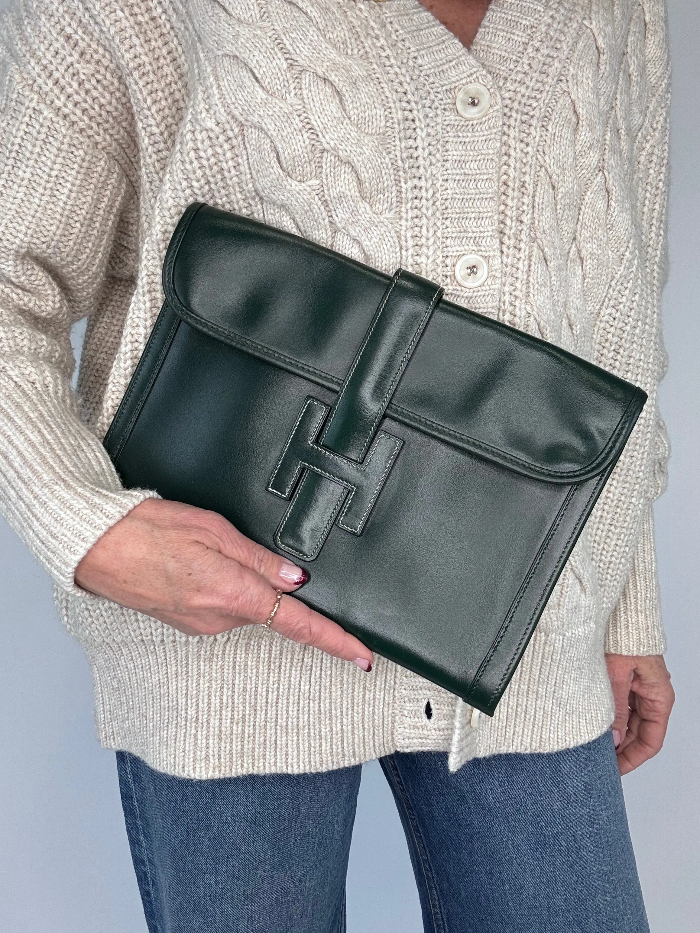Hermes Jige PM Clutch Bag Dark Green Box Calf