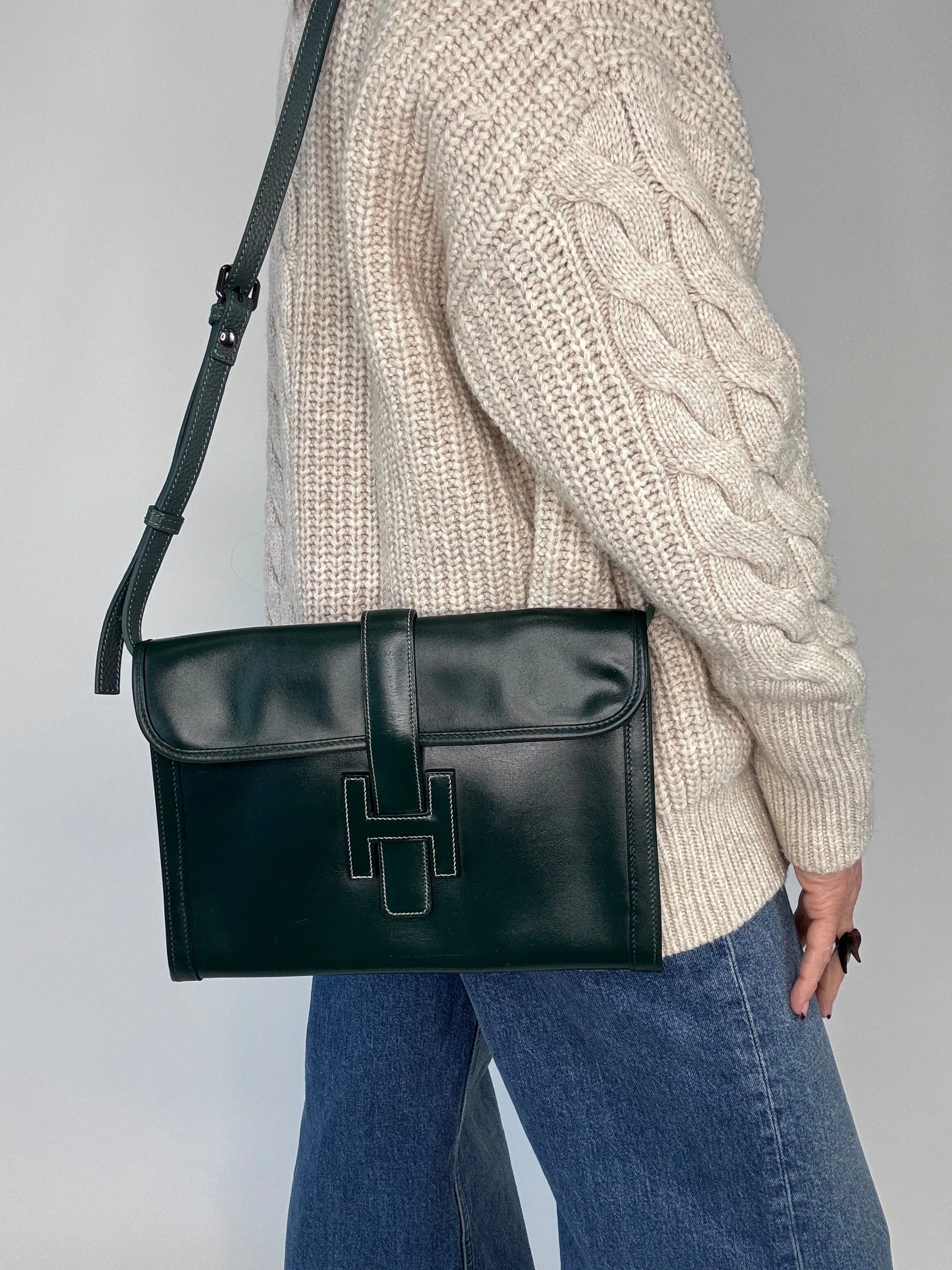Hermes Jige PM Clutch Bag Dark Green Box Calf