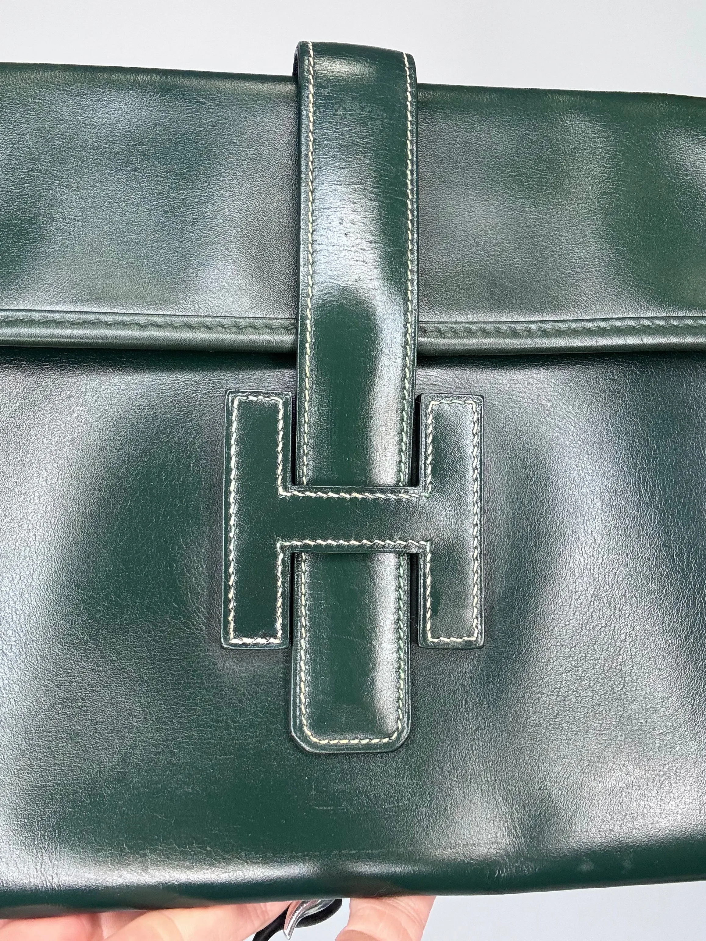 Hermes Jige PM Clutch Bag Dark Green Box Calf