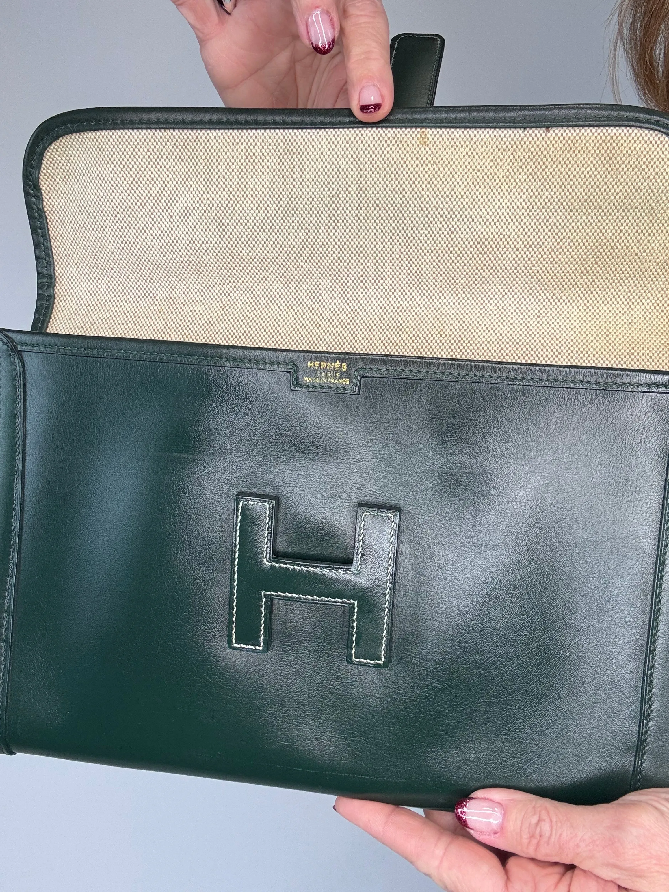 Hermes Jige PM Clutch Bag Dark Green Box Calf