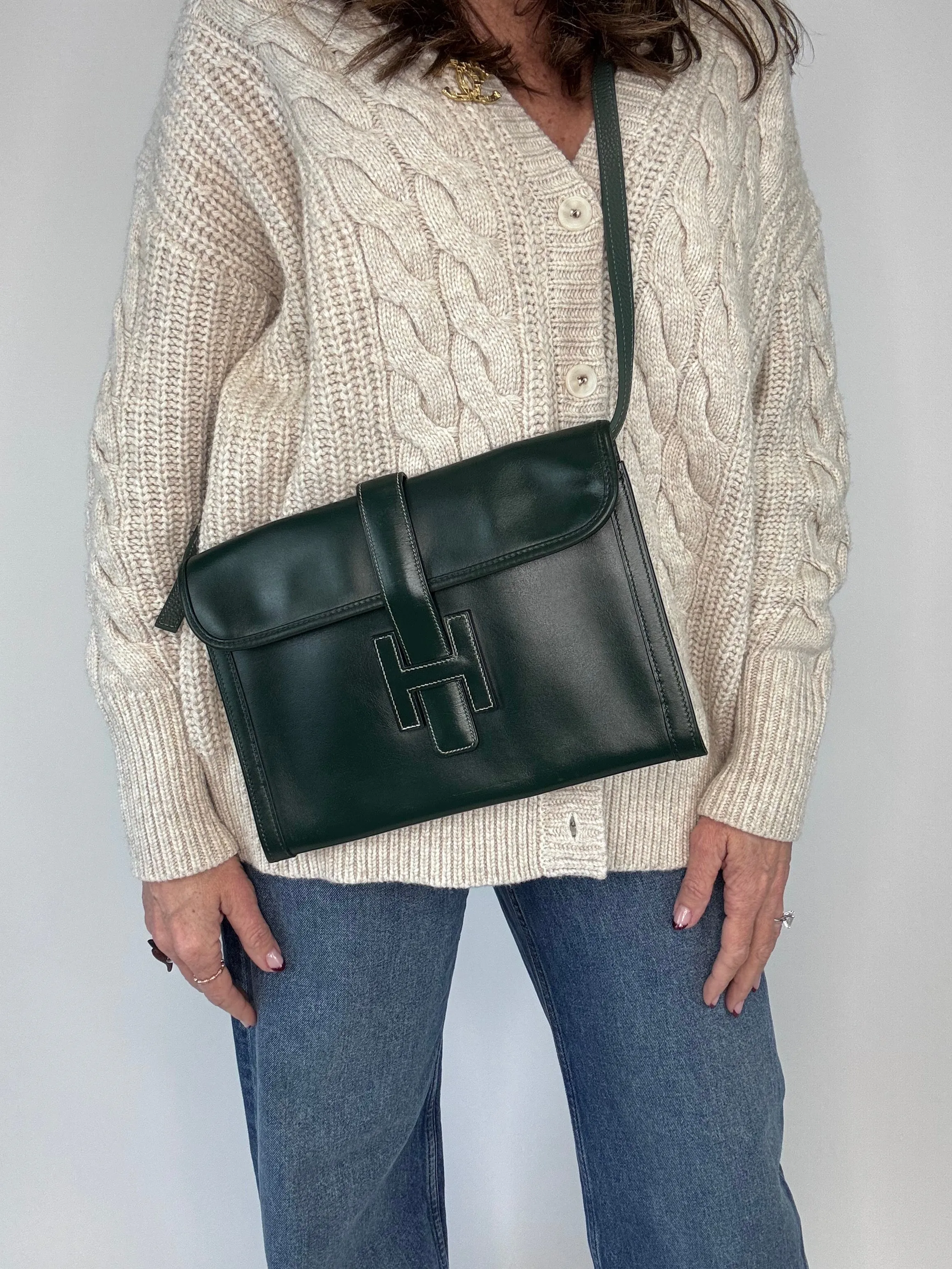 Hermes Jige PM Clutch Bag Dark Green Box Calf