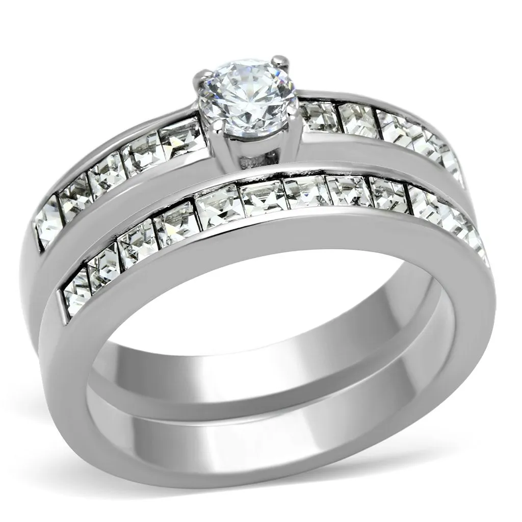 High polished (no plating) Stainless Steel Ring with AAA Grade CZ in Clear for Women Style TK972