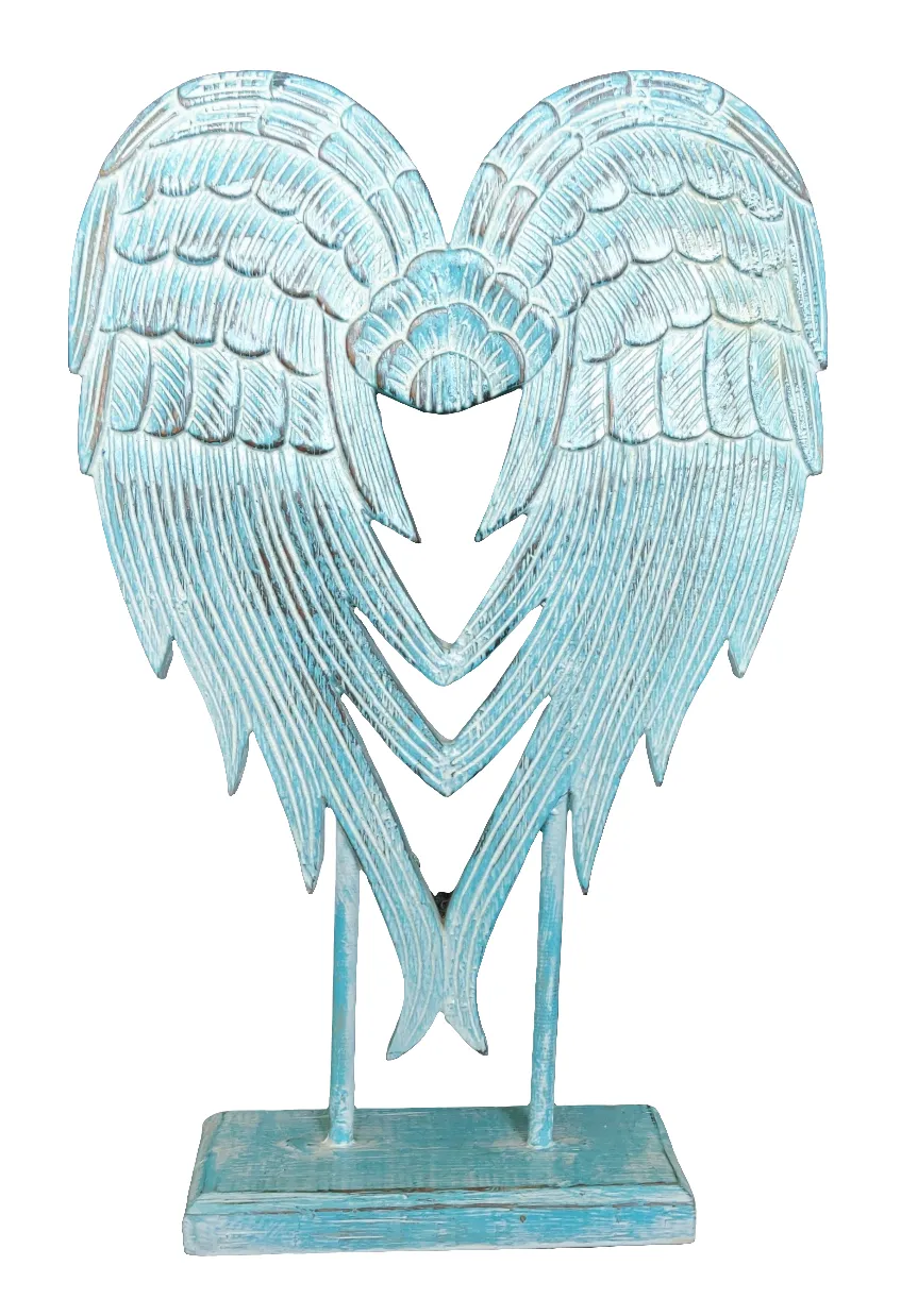 Home Decor Ornament. Angel Wings Sculpture Statue On Stand, Hand Carved and Painted.