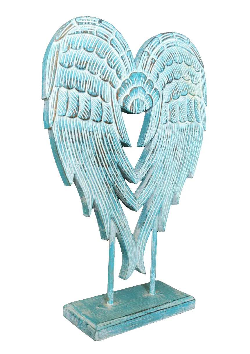 Home Decor Ornament. Angel Wings Sculpture Statue On Stand, Hand Carved and Painted.