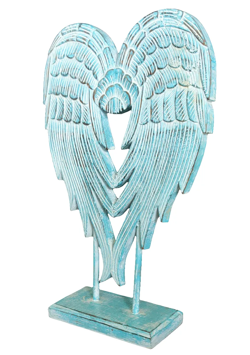 Home Decor Ornament. Angel Wings Sculpture Statue On Stand, Hand Carved and Painted.