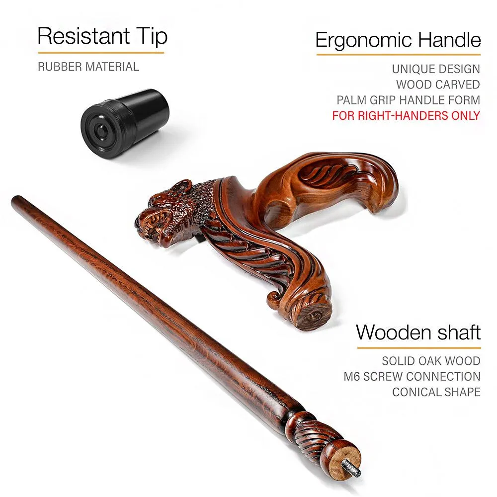 Jaguar: Artisan Intricate Handcarved Wood Cane (Right Hand)