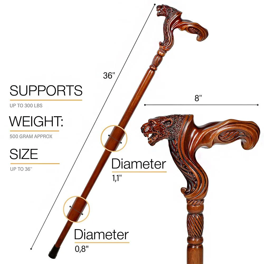 Jaguar: Artisan Intricate Handcarved Wood Cane (Right Hand)