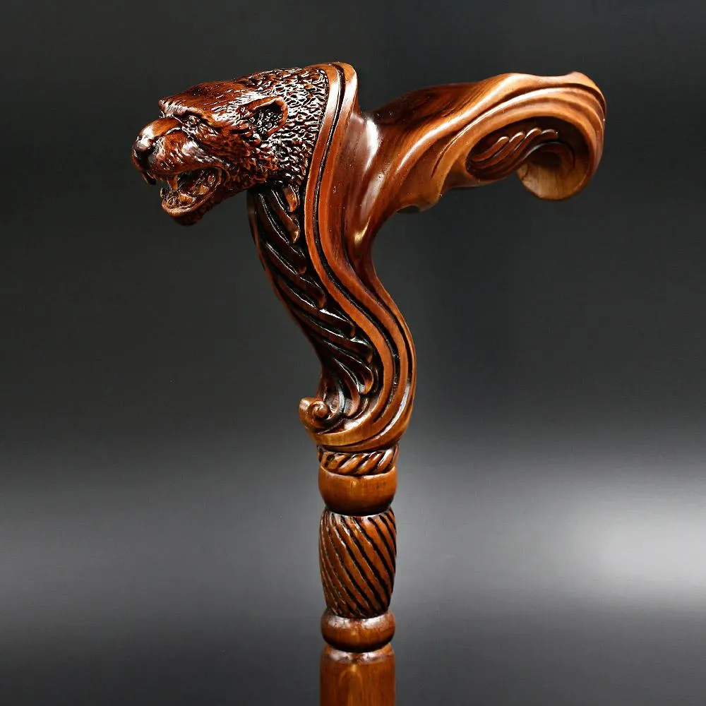 Jaguar: Artisan Intricate Handcarved Wood Cane (Right Hand)